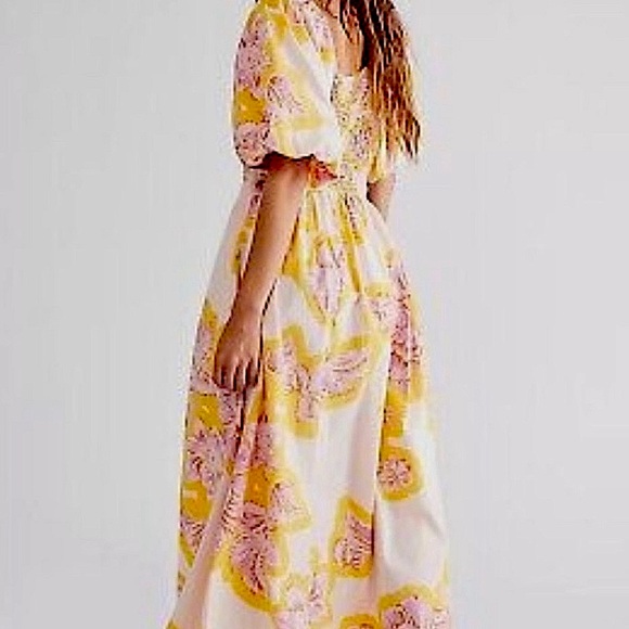 FREE PEOPLE KALINA FLORAL MAXI DRESS PINK YELLOW SIDE CUT OUTS SIZE SMALL - Picture 2 of 3
